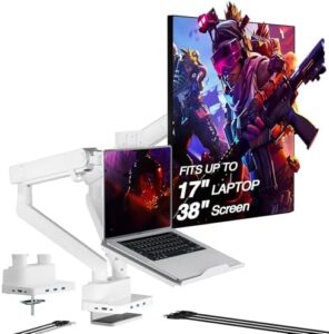 Elevate your workspace with the AVLT Dual Monitor Arm Desk Mount, supporting screens up to 38" and featuring a laptop tray, USB-C docking station, and 100W PD charging.