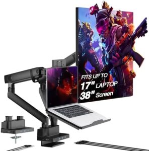 Here is the meta description:

"Boost productivity with AVLT's Dual Monitor Arm Desk Mount, suitable for 17"-38" flat or curved monitors. Includes laptop tray and USB-C docking station, perfect for office use."