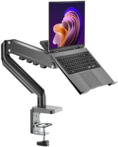 Elevate your workspace with the HIPPOFLEX Laptop Desk Mount, featuring a 2-in-1 design for 12-17" notebooks and 13-32" screens. Save space and stay organized with its adjustable vented tray and clamp/grommet base, perfect for desks or laps!