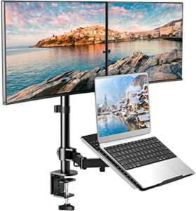 Elevate your workspace with the HUANUO Laptop Mount, a height-adjustable dual monitor mount with laptop keyboard tray, perfect for 13-27" screens and notebooks.