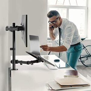 Elevate your workspace with the HUANUO Laptop Mount, a height-adjustable dual monitor mount with laptop keyboard tray, perfect for 13-27" screens and notebooks.