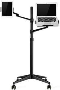 Discover the ThingyClub Mobile RollingTablet and Laptop Mount, a 2-in-1 height-adjustable holder for tablets and laptops up to 17 inches. Perfect for flexible working and home use, with extra tray space and durable construction.
