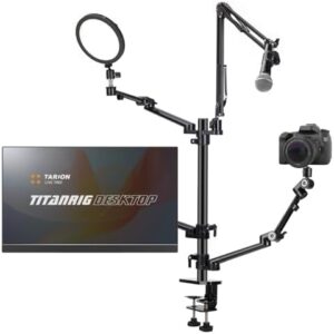 Elevate your streaming experience with the TARION 4-in-1 Overhead Camera Desk Mount, featuring adjustable mic boom and 3 articulating arms for Ring Light, Monitor, and Laptop setup. Perfect for live streams!