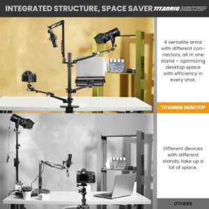 Elevate your streaming experience with the TARION 4-in-1 Overhead Camera Desk Mount, featuring adjustable mic boom and 3 articulating arms for Ring Light, Monitor, and Laptop setup. Perfect for live streams!