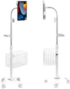 Here is the meta description:

Transform your workspace with the CTA Rolling Gooseneck Floor Stand, featuring a metal basket, cradle, and handle, compatible with Apple iPad 7/8/9 and Samsung A7/A8 devices.