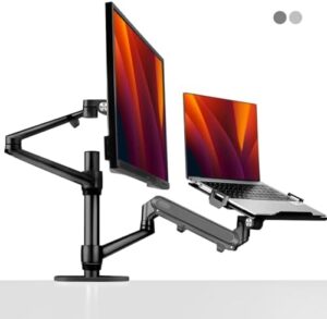 Here is the generated meta description:

"Elevate your workspace with Alberenz's 2-in-1 Laptop & Monitor Mount. Adjustable gas spring and ergonomic design for comfort, perfect for laptops 12-17" and monitors up to 32". Save on a versatile stand!"