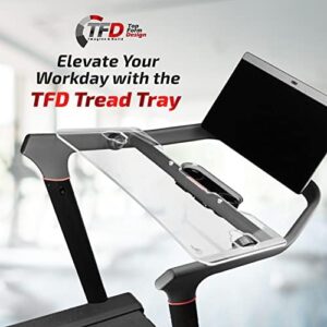 "Upgrade your Peloton Tread experience with the TFD Tread Tray 2.0, designed to hold laptops, tablets, phones and books while walking. Compatible with Tread only, not Tread Plus. Made in USA."