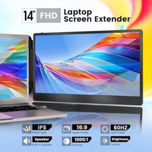 "Upgrade your laptop experience with the domyfan Monitor Extender, featuring FHD 1080P IPS display, dual screen functionality and plug-and-play compatibility for Windows, Mac, Chrome, Android, Xbox, Switch and PS5. Perfect for laptops up to 17 inches."