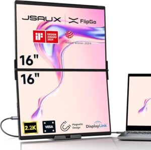 Expand your workspace with JSAUX FlipGo Pro 16" Portable Monitor, featuring dual screens, IPS technology, and magnetic design for laptop extender use. Perfect for MacBook, Mac/Windows/PC/Linux compatibility, dimensions: 14.8x9.2x0.7 inches.