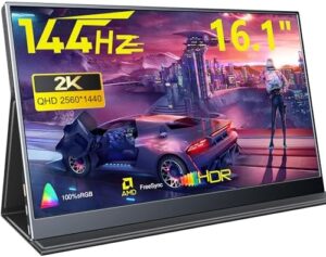 Boost your gaming experience with this portable 16.1" 2.5K monitor featuring 144Hz refresh rate, dual USB C and HDMI ports, built-in speakers, and compact design perfect for travel or second screens for PS4/5, Xbox, Switch, MAC, PC, and Phone.
