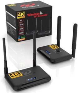 Wireless HDMI Transmitter and Receiver 4K for seamless video streaming from laptops, PCs, or cable boxes to HDTVs, projectors, or monitors, with up to 820Ft/250m wireless range.