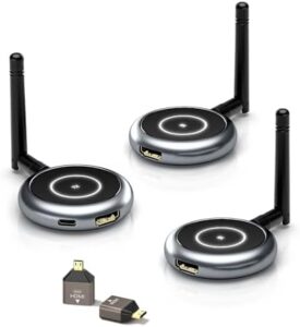 Enhance your home entertainment with the Aimibo wireless HDMI transmitter and 2 receivers, offering seamless connectivity up to 165FT/50M. Perfect for multiple TVs, projectors, or monitors, featuring a touch screen app and high-quality 5.8G signal.