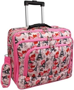 Here is the meta description:

"Protect your laptop in style with this 17-inch rolling briefcase featuring multiple prints and a spacious interior. Perfect for commuters, perfect for travel."