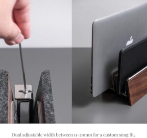 Elevate your workspace with the Raico Vertical Laptop Stand, featuring premium walnut wood and dual slots for Macbook. Perfect for ergonomic computing and desk organization.
