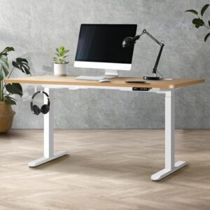 Here is the optimized SEO meta description:

"Adjust your home office space with Oikiture's electric standing desk, featuring dual motors and a sleek oak finish. Boost productivity and comfort with its height adjustability."