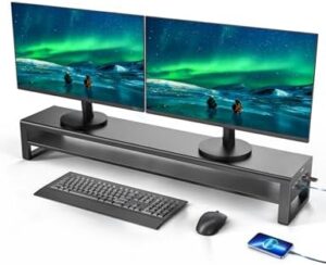 Elevate your workspace with the Vaydeer 2 Tiers Dual Monitor Stand, featuring double riser support and storage to hold your laptop or PC monitor. Perfect for maximizing desk space, dimensions 38.58x7.87x3.54inch.
