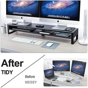 Elevate your workspace with the Vaydeer 2 Tiers Dual Monitor Stand, featuring double riser support and storage to hold your laptop or PC monitor. Perfect for maximizing desk space, dimensions 38.58x7.87x3.54inch.