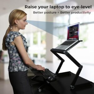 Elevate your workspace with the WorkEZ Adjustable Standing Desk Converter, featuring 2 fans and 3 USB ports. Perfect for those who want to stay productive while on-the-go, with negative tilt and adjustable height.