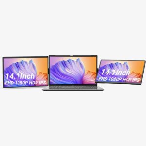 Here is the optimized SEO meta description:

"Boost productivity with this portable FHD monitor extender, perfect for laptops up to 17.3in. Enjoy dual screens and multi-angle rotation in a compact package. No more cluttered workspace!"