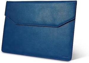 Protect your new MacBook Pro in style with the Kronemar 14 inch Premium Full-Grain Leather Laptop Sleeve, featuring durable blue leather and compatible with 2021-2022 models.