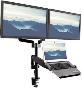 Elevate your workspace with the VIVO Pneumatic Arm Mount, fitting 2 screens and notebooks up to 15.6" inches, featuring a laptop tray and C-clamp design for maximum flexibility.