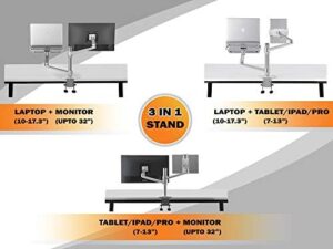 Elevate your workspace with the MagicHold Adjustable 3 in 1 Stand for Laptop, Monitor, Tablet, featuring 360 rotating and height adjustable design.