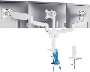 Elevate your workspace with the WALI White Triple Monitor Mount. Perfect for multi-screens from 13 to 27 inches, featuring gas spring arm and full adjustment arm with tilt, swivel, rotate, and VESA mount.
