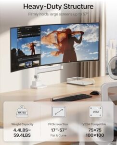 Elevate your workspace with the monTEK 17-57 Inch Ultrawide Monitor Arm, supporting up to 59.4lbs screens and featuring a sturdy aluminum gas spring design for effortless adjustments. Perfect for curved screens!