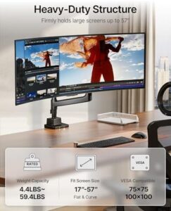 Elevate your workspace with monTEK's heavy-duty single monitor arm, suitable for 17-57" ultrawide screens and up to 59.4lbs. Gas spring dual curved adjustment and USB mount for seamless ergonomics and desk organization.