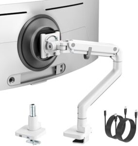 Elevate your workspace with the monTEK Single Monitor Arm, featuring a sturdy design for curved screens up to 57 inches, adjustable gas spring arm, and secure VESA mount.