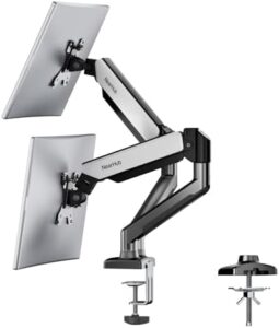Elevate your workspace with the NearHub Dual Monitor Desk Mount, adjustable gas spring arms hold 4.4-22lbs screens, VESA bracket fits 75x75mm or 100x100mm, and C-clamp/grommet mounting base ensures stability.