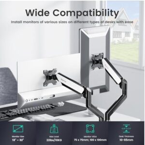 Elevate your workspace with the NearHub Dual Monitor Desk Mount, adjustable gas spring arms hold 4.4-22lbs screens, VESA bracket fits 75x75mm or 100x100mm, and C-clamp/grommet mounting base ensures stability.