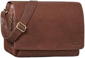 Enhance your professional style with the Stilord 'Tom' Vintage Leather Shoulder Bag, a genuine leather bag perfect for university, office, or work. Fits 15-inch laptops and DIN A4 files, in classic design.