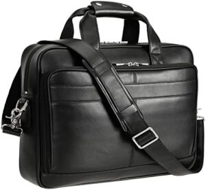 Elevate your professional look with the Polare Full Grain Leather 16.5'' Laptop Bag, featuring a stylish design and durable leather construction. Perfect for men's business use, fits 15.6'' laptops.