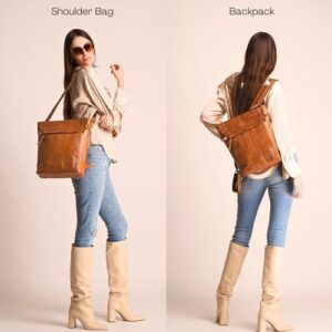 Here is the output:

"Upgrade your travels with the Volksy Bags Genuine Leather Convertible Backpack featuring laptop & iPad pockets, 2-in-1 design and durable brown leather. Perfect for women on-the-go!"