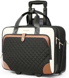 Here is the generated meta description:

"Upgrade your professional style with Arcoyard's women's rolling laptop bag featuring a minimalist design, beige brown color and large capacity perfect for daily essentials."