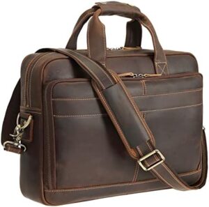 Professional full-grain leather laptop bag for men, fits 15.6" laptops with dedicated sleeve and multiple pockets for organized work or travel.