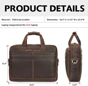 Professional full-grain leather laptop bag for men, fits 15.6" laptops with dedicated sleeve and multiple pockets for organized work or travel.