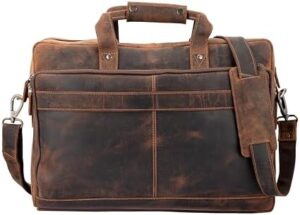 Here is the optimized SEO meta description:

"Elegant and durable laptop bag made from genuine hunter leather. Features vintage-inspired design, messenger strap, and trolley attachment for easy transport."
