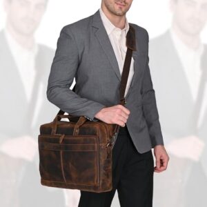 Here is the optimized SEO meta description:

"Elegant and durable laptop bag made from genuine hunter leather. Features vintage-inspired design, messenger strap, and trolley attachment for easy transport."