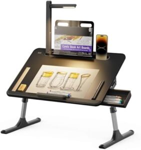 Elevate your workspace comfort with the SAIJI Laptop Table featuring a built-in LED desk light, height adjustments, and a book stand for reading, writing, and drawing. Perfect for bed use or home offices.