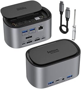 Enhance your workspace with this USB C Docking Station featuring triple displays, dual HDMI and DisplayPort, 5 USB ports, 87W PD charging, and RJ45 connectivity for seamless productivity.
