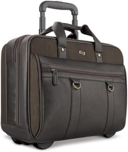 Explore stylish mobility with Solo New York's MacDougal Rolling Laptop Bag in Espresso, featuring 360-degree spin wheels and multiple compartments for organized travel.