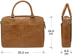 Protect your valuable laptop in style with the Rosenborg 14 inch bag, crafted from genuine full grain leather and featuring textured handles and an adjustable strap. Perfect for daily use.