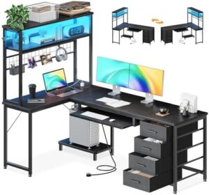 Discover the ODK 59Inch Reversible Computer Desk with drawers, LED lights, and power outlets, perfect for gaming or study. Compact dimensions: 149.5*100*149.5cm, black.