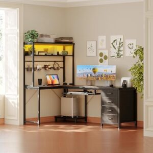 Discover the ODK 59Inch Reversible Computer Desk with drawers, LED lights, and power outlets, perfect for gaming or study. Compact dimensions: 149.5*100*149.5cm, black.