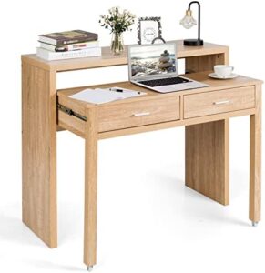 "Transform your home office with the Giantex 100 CM Computer Desk, featuring a modern design, extendable desktop, and ample storage. Perfect for small spaces, this study desk offers a wood-colored finish and wheelbase for easy mobility."