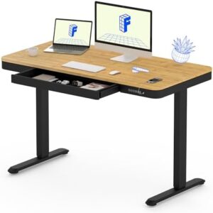 Discover the FLEXISPOT Comhar Electric Standing Desk with Drawer, featuring a modern design and adjustable frame. Includes USB charge ports, child lock, and quick install for easy setup.