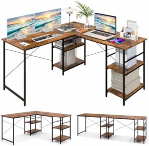 Here is the optimized SEO meta description:

"Transform your home office with Costway's L-Shaped Corner Desk, featuring 4-tier shelves and 3 cable holes. Perfect for gaming or writing, this modern workstation accommodates 2 people."