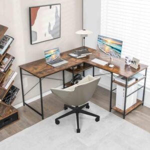 Here is the optimized SEO meta description:

"Transform your home office with Costway's L-Shaped Corner Desk, featuring 4-tier shelves and 3 cable holes. Perfect for gaming or writing, this modern workstation accommodates 2 people."